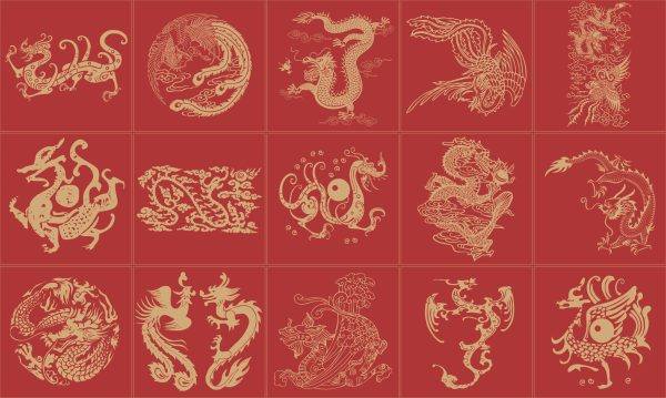 中式中国风东方龙凤凰图案花纹样PNG-通用纹理1