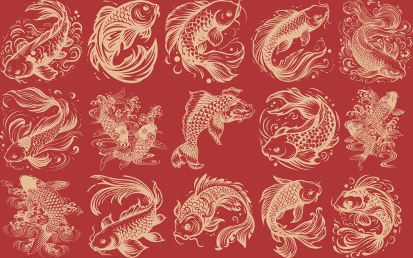 中国风中式剪纸传统纹样锦鲤手绘鲤鱼图案免扣素材-通用纹理3