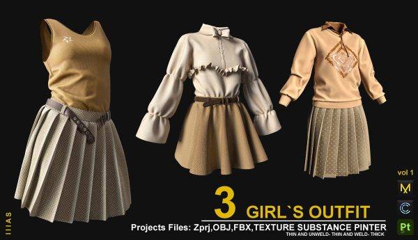 MD602-女孩百褶裙套装衬衫背心