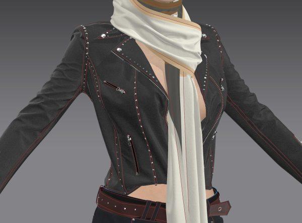 MD348女士时尚皮衣牛仔裤围巾Clo3d服装