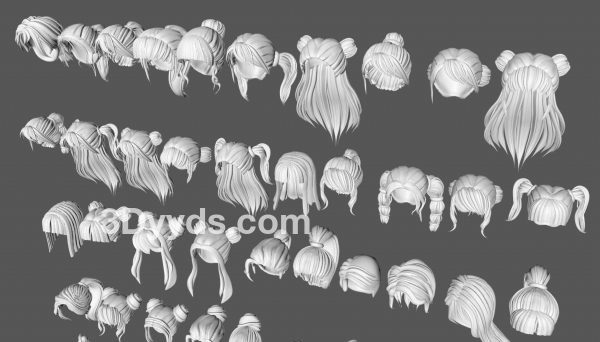 50款女士女孩女性卡通3D打印头发毛发模型