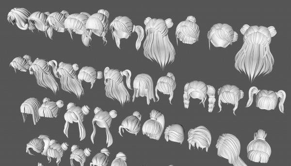 50款女士女孩女性卡通3D打印头发毛发模型