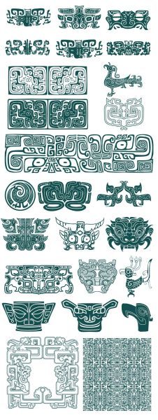 中国传统古典青铜器饕餮纹图案三星堆纹样拓印AI矢量素材PNG