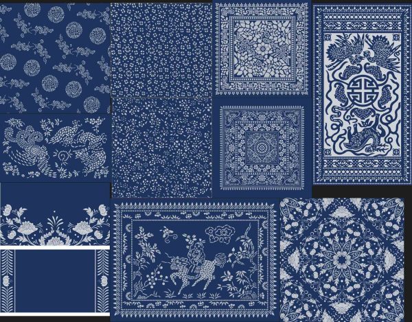 矢量复古典民间传统蓝色青花瓷图案印花布纹底纹包装印刷素材