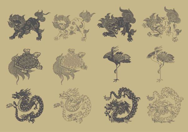 山海经神兽神话麒麟龙凤朱雀玄武图案纹样矢量PNG素材