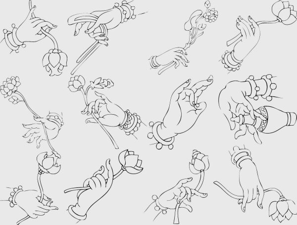 佛手手绘白描线稿观世音菩萨手型莲花敦煌拈花指临摹图案矢量素材