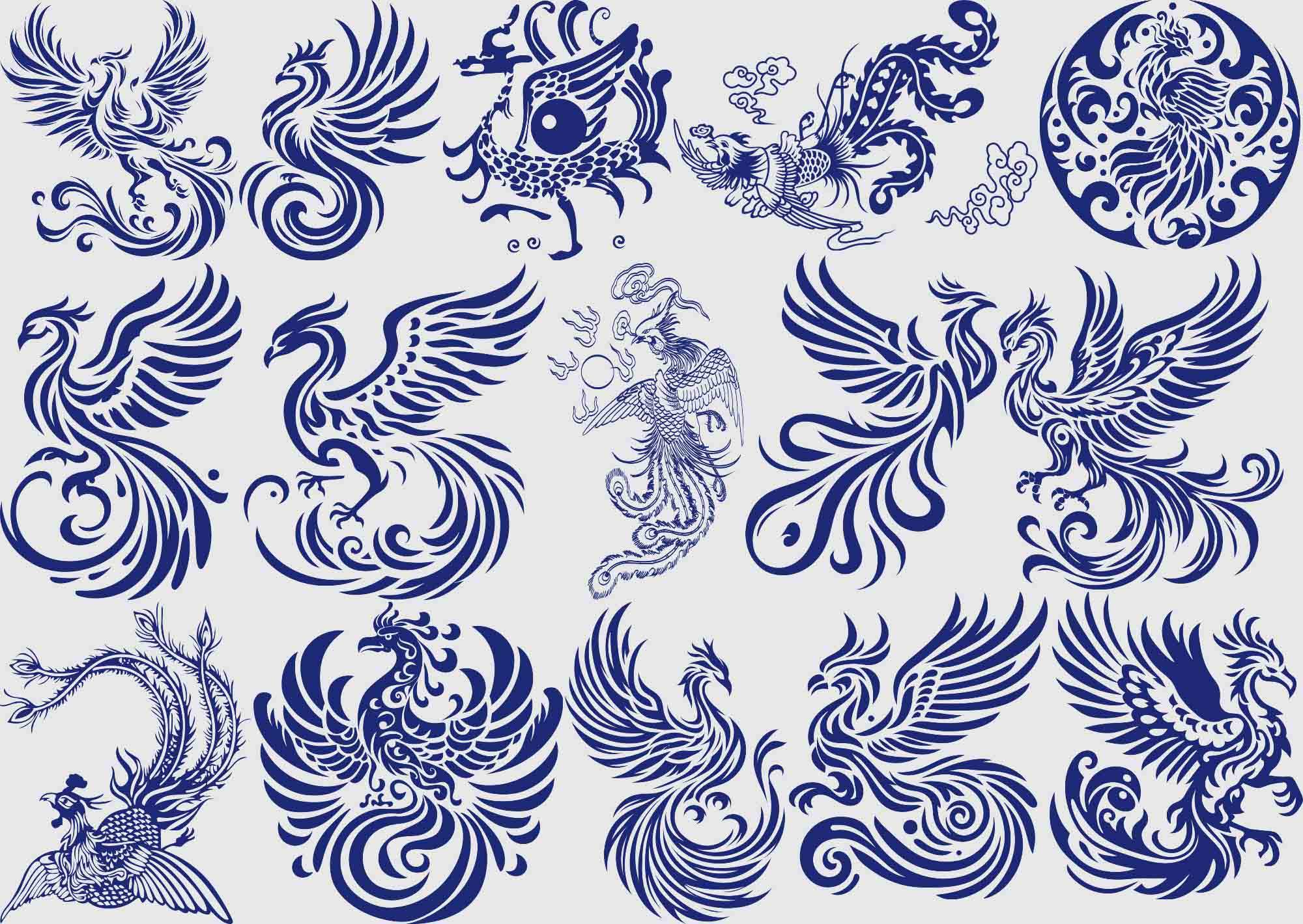 古典复古中国风青花瓷凤凰神鸟花纹样装饰图案AI矢量PNG素材