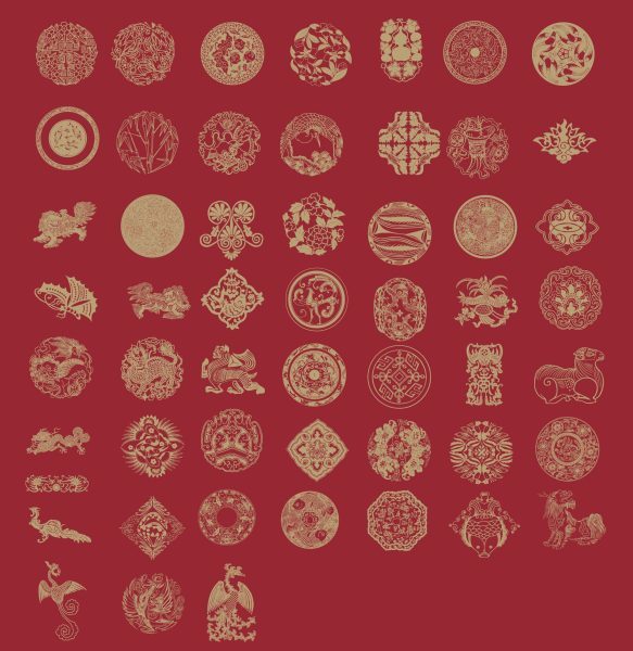 中国古风传统古典吉祥狮子龙祥瑞花草鸟兽PNG图案AI矢量图片素材