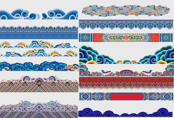 中国风古典藏式民族图案祥云纹海浪纹喜庆边框花纹png素材