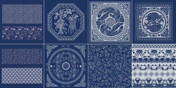 中国风民间传统艺术蓝印靛蓝花布蓝底白花图案花纹矢量图设计素材