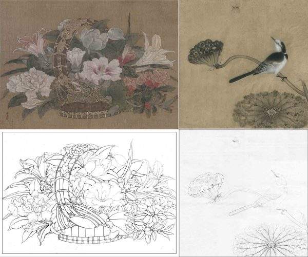 宋画宋人小品白描彩图工笔花鸟草虫蔬果团扇线稿高清电子版素材