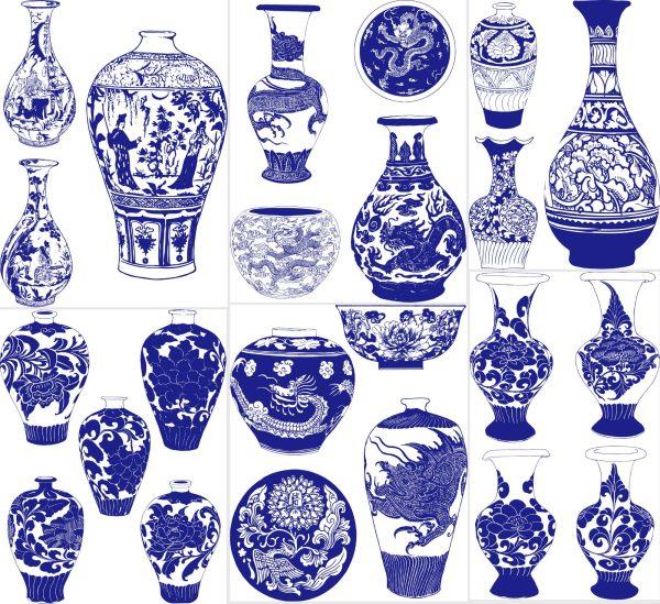 67款古典传统青花瓷器陶瓷瓶罐图案花鸟纹样矢量透明素材装饰挂画