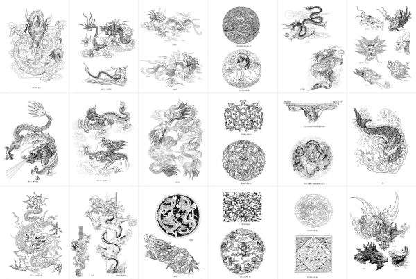 龙线描纹样中国神龙纹图腾白描工笔装饰图案黑白线稿高清图片素材