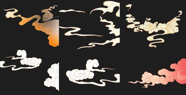 手绘线描卡通祥云国潮风古典中国风插画png元素PSD海报设计素材图