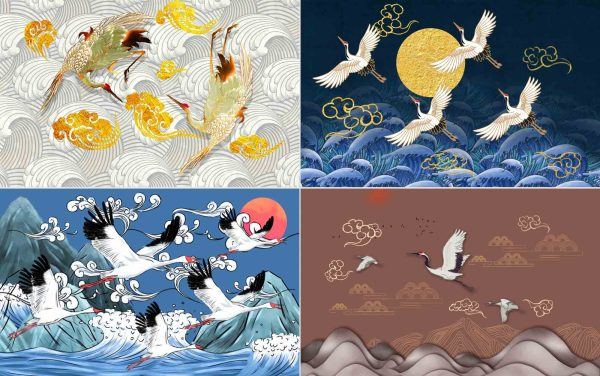 中国风中式仙鹤凤凰神鸟背景底纹理包装饰海报模板psd源文件素材