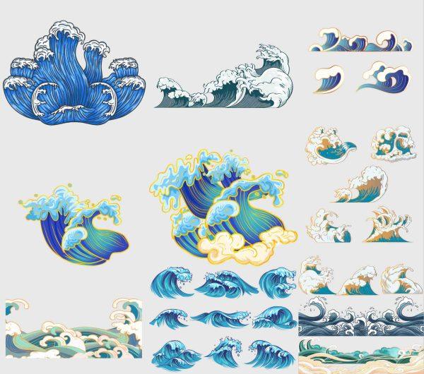 中国风国潮风海浪浪花水波纹插画元素矢量图psd设计免扣设计素材