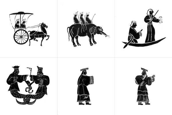 矢量高清汉代画像砖石拓片平面设计参考元素