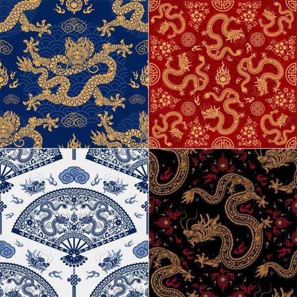 矢量AI无缝中国风春节新年2024中式古典龙纹花纹背景纹理设计素材