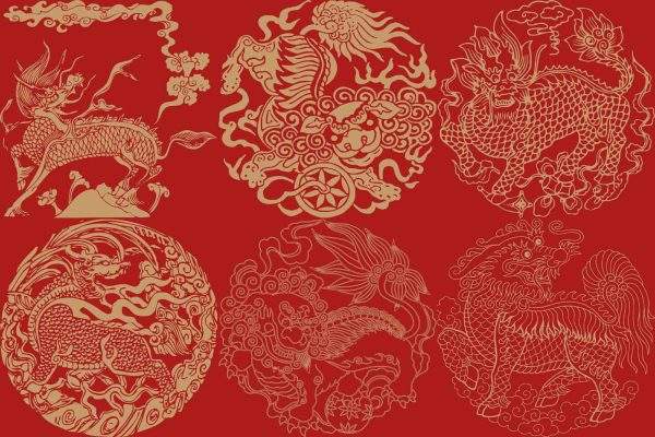 中国传统麒麟狮子神话神兽图案剪纸纹样矢量素材png免抠素材