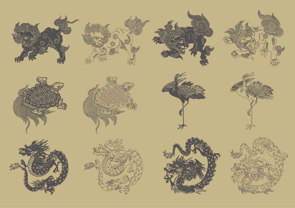 山海经神兽神话麒麟龙凤朱雀玄武图案纹样矢量PNG免扣图电子素材