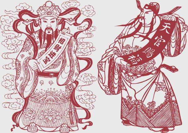 中国财神传统民间手绘财神仙剪纸年画线稿图案矢量PNG免抠素材