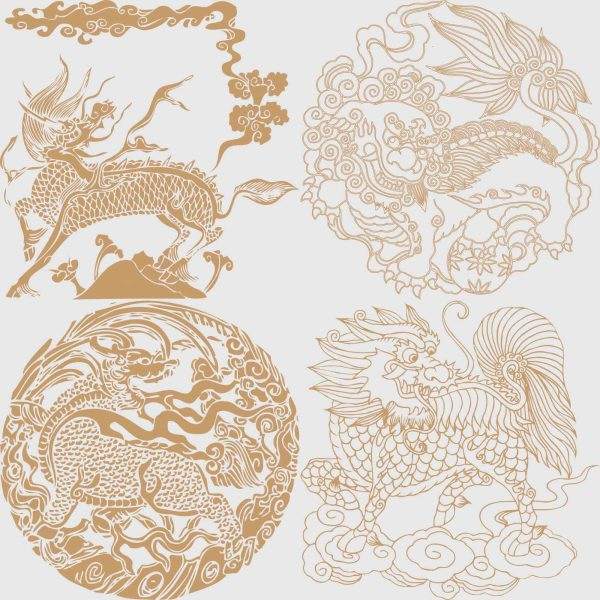 中式传统麒麟狮子神话古典神兽图案瑞兽图腾纹样矢量设计素材PNG