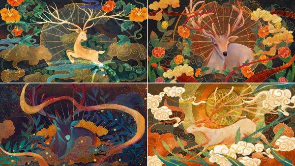 敦煌九色鹿经图壁画彩绘国潮中国风手绘电子海报插画PSD临摹素材