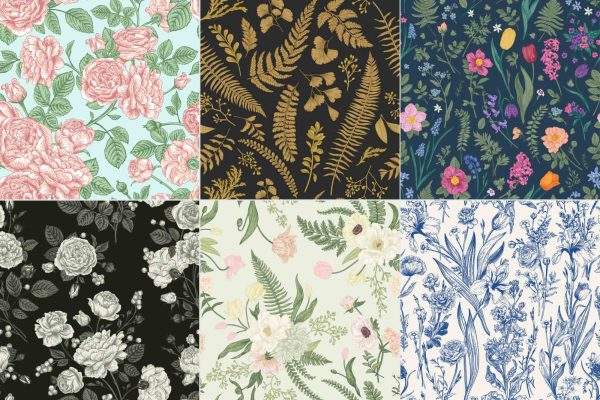 古典欧式植物花卉无缝拼接图案背景底纹电子版Ai矢量素材