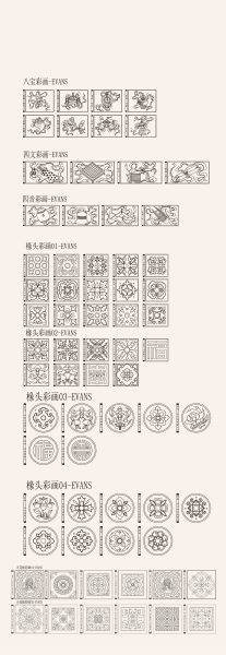中式古典传统建筑彩绘边框雕梁画栋藻井线稿线描图案装饰矢量素材