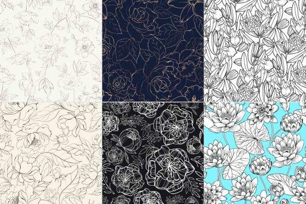 中式荷花牡丹花卉线描线稿图案贴纸包装纸背景图片ai矢量设计素材