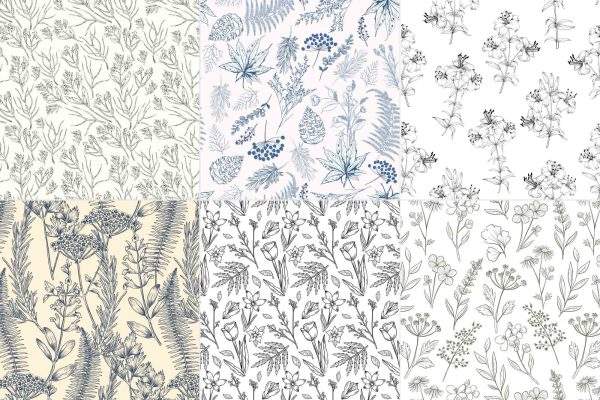 素雅复古素描线描花鸟花草花朵鲜花植物等草图印花图案AI矢量设计