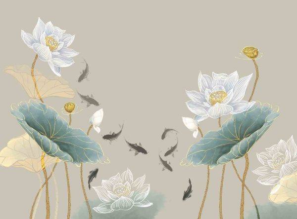 新中式水墨荷花九鱼图psd素材装饰画背景壁画图片电子版资料