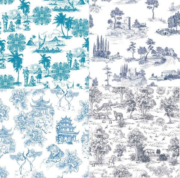 古典乡村宫廷庄园树林蓝色手绘素描草图印花图案AI矢量设计素材