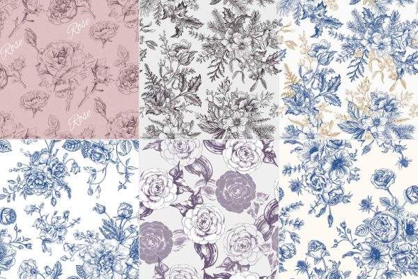 手绘花卉素描线描玫瑰牡丹蜜蜂蝴蝶印花无缝拼接矢量设计素材图