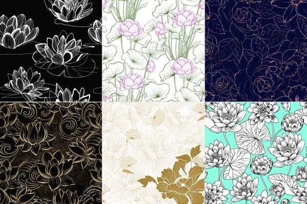 中国风荷花牡丹花朵简约黑白线条植物鲜花无缝印花图案AI矢量素材