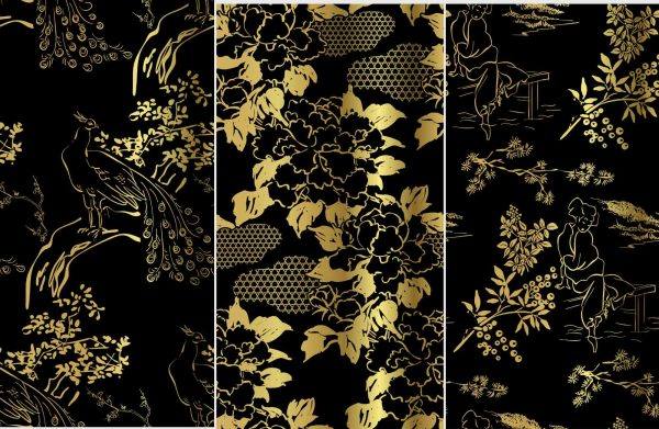 矢量AI手绘传统烫金无缝古典复古植物线描背景包装纹理底纹素材
