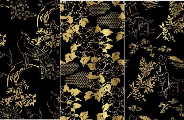 矢量AI手绘传统烫金无缝古典复古植物线描背景包装纹理底纹素材