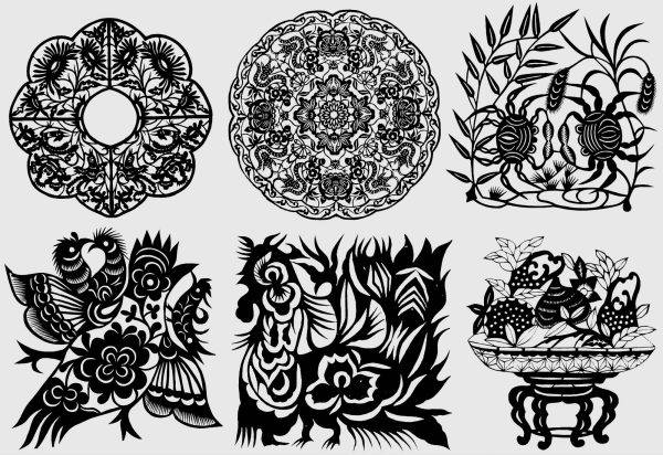 中式传统花鸟花草盆景盆栽植物剪纸窗花纹样矢量素材png免抠图案