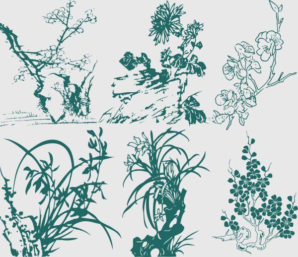 古风传统梅兰竹菊工笔画竹子植物纹样手绘AI矢量PNG免扣图案素材