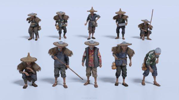 Blender亚洲写实古代村民渔夫农民人物角色游戏资产-水乡角色资产 – BigMediumSmall