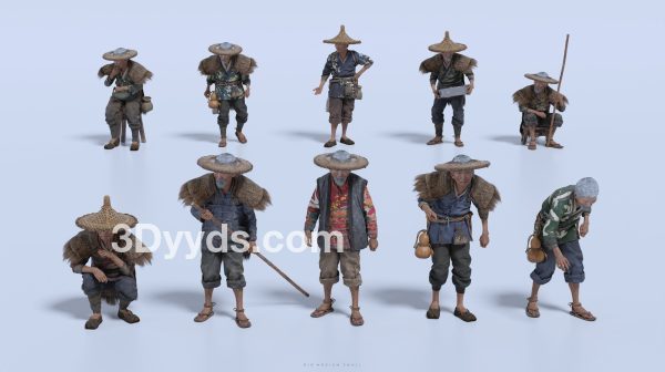 Blender亚洲写实古代村民渔夫农民人物角色游戏资产-水乡角色资产 – BigMediumSmall
