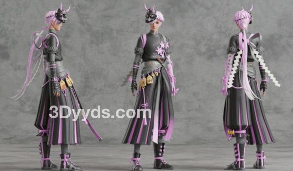 blender人物角色鬼武士男性5配色PBR次世代日韩风格fbx卡通3D模型