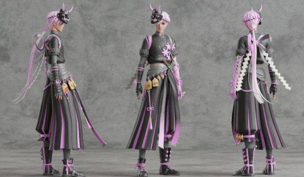 blender人物角色鬼武士男性5配色PBR次世代日韩风格fbx卡通3D模型