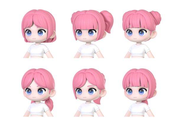 卡通女孩头发模块Blender发型模型MAYA角色C4D建模素材FBX白模OBJ