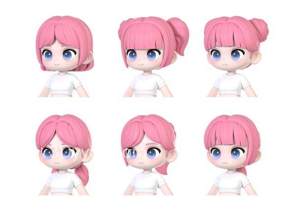 卡通女孩头发模块Blender发型模型MAYA角色C4D建模素材FBX白模OBJ