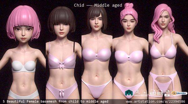 5款女孩人物角色模型MAYA-MAX基础网格3D建模雕刻OBJ素材ZTL