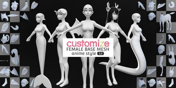 动漫风格3D女性角色模型妖精怪物自定义拼装基础网格